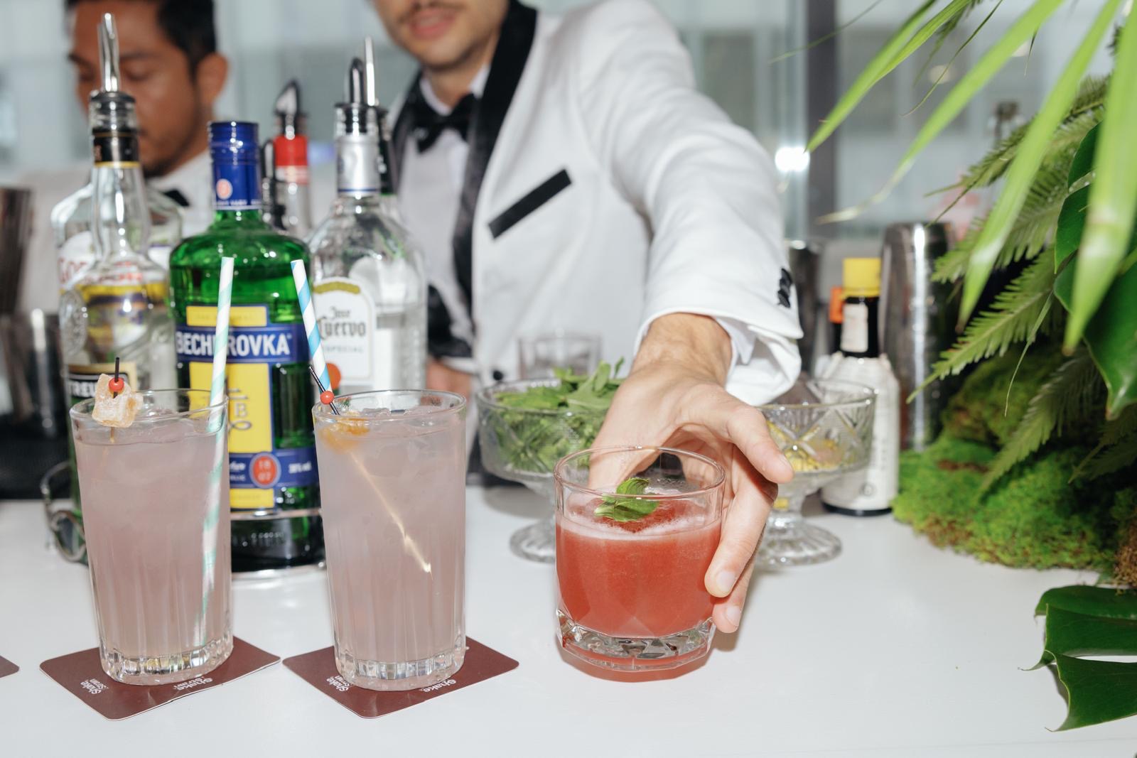 Finished cocktail with crystal-clear ice cube